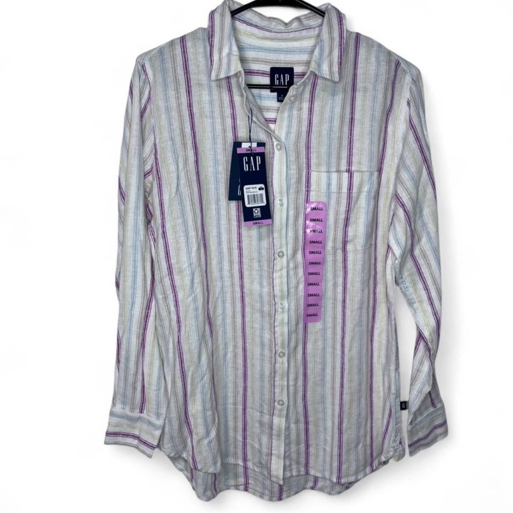 GAP Linen Shirt Women’s Small Striped Pink Yellow Blue White Button Up Spring